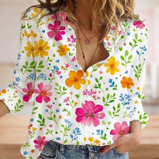 Discover Wildflower Blouse Shirt, Floral Blouse Shirt, Spring Garden Casual Shirt, Bright Botanical Summer Shirt, Gift for Her
