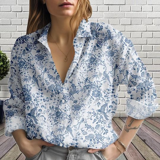 Toile Blouse Shirt for Women, Vintage Floral Button Up Shirt, Bird Blouse Shirt, Elegant Casual Shirt, Gift For Her, Women