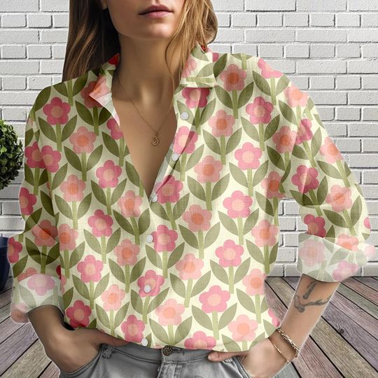 Discover Toile Blouse Shirt for Women, Vintage Floral Linen-Look Shirt, Cottagecore Button Up Shirt, Summer Blouse Women Shirt