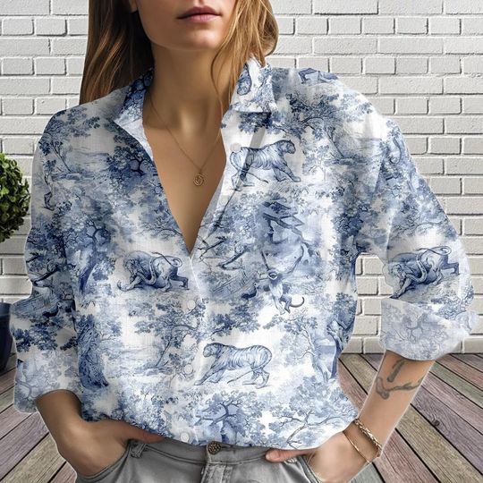 Toile Blouse Shirt for Women, Animal Print Linen-Look Button Up, Vintage Blouse Shirt, Summer Statement Shirt, Gift For Her