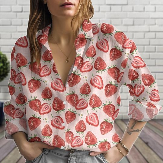 Discover Strawberry Blouse Shirt for Women, Cute Fruit Linen-Look Shirt, Playful Summer Button Top, Gift For Her