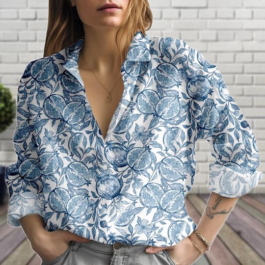 Discover Pomegranate Linen-Look Shirt, Botanical Blouse Shirt, Artistic Fruit Blouse Women Shirt, Relaxed Fit Shirt, Blouse Gift For Her