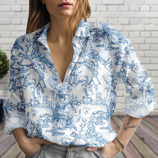 Toile Blouse Women Shirt, Vintage Scenic Linen-Look Shirt, French Style Summer Shirt, Gift For Her