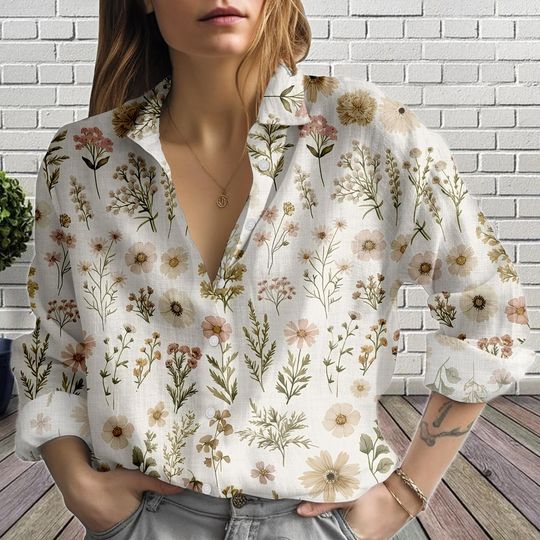 Discover Botanical Linen-Look Shirt, Vintage Wildflower Blouse Shirt, Relaxed Fit Floral Blouse Women Shirt, Summer Cottagecore Shirt