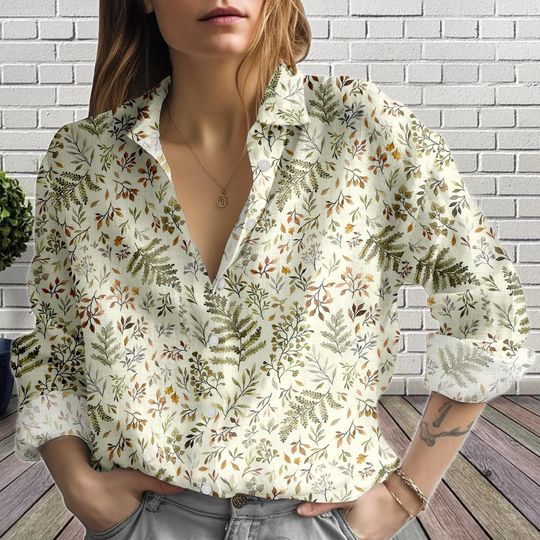 Botanical Casual Women Shirt, Autumn Leaves Blouse Shirt, Nature Linen-Look Shirt, Relaxed Fit Fall Shirt, Gift For Her