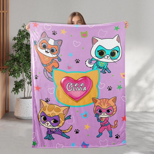Personalized Super Kitties Disney Blanket, Custom Name Super Kitties Blanket, Super Kittie Buddy Bitsy Ginny Sparks Hero Blanket