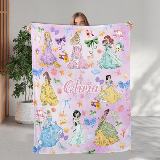 Discover Personalized Coquette Bows Princesses Blanket, Magic Castle Baby Girl Princess Blanket, Belle Aurora Elsa Birthday Girl Blanket