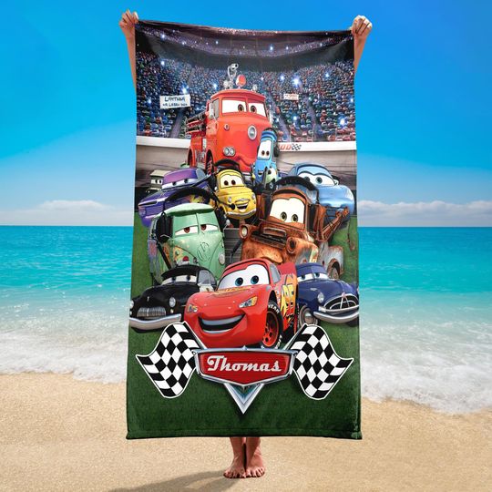 Personalized Name Disney Cars Beach Towels, Lightning McQueen Tow Mater Characters Beach Towels, Cars Birthday Gift, Tow Mater Towels