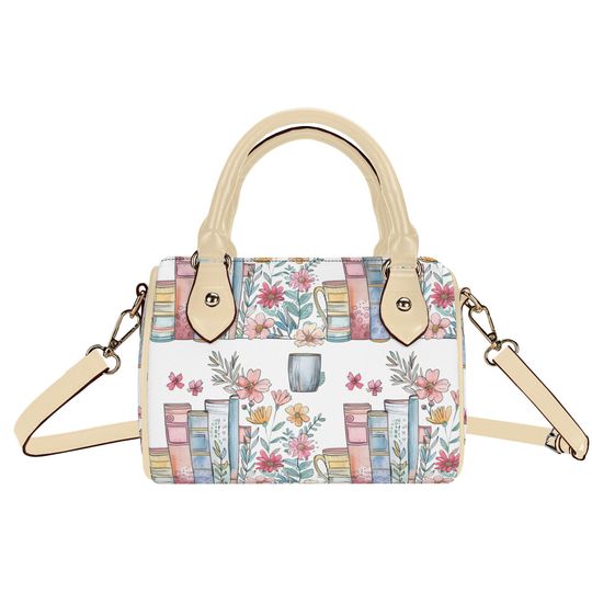 Book Stacks Satchel Handbag: Coffee & Floral Print Purse, Librarian Gift, Book Worm Purse