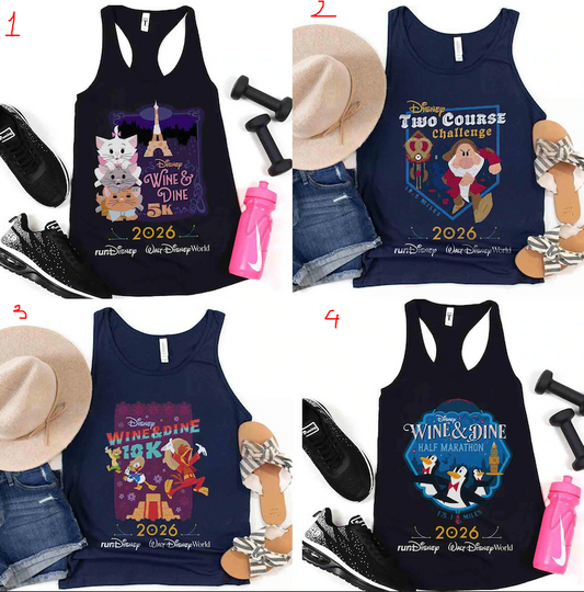 Discover Disney Wine & Dine Half Marathon Weekend 2026 Tank Top, Aristocats Mary Poppins Penguins, Three Caballeros,  WDW Family Trip