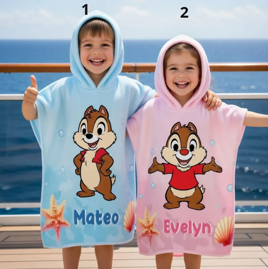 Chip Dale Kids Hooded Towel Set, Personalized Disney Bath Poncho Duo, Custom Name Beach Towel for Toddler, Cute Cartoon Pool Gift