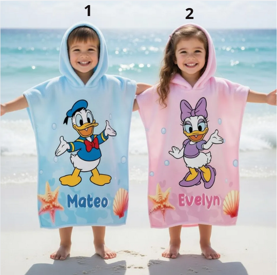 Donald Daisy Kids Hooded Towel Set, Personalized Disney Bath Poncho Duo, Custom Name Beach Towel for Toddler, Cute Cartoon Pool Gift