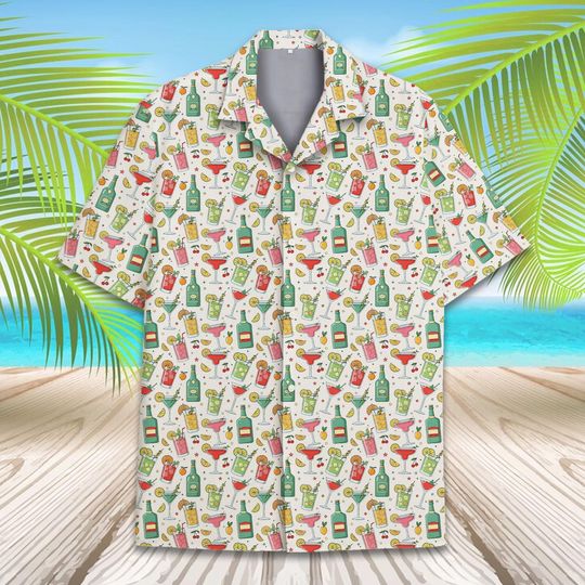 Funny Cocktail Hawaiian Shirt for Men Women, Colorful Alcohol Drink Pattern Aloha Shirt Button Up, Margarita Whiskey Vodka Beer Party Shirt
