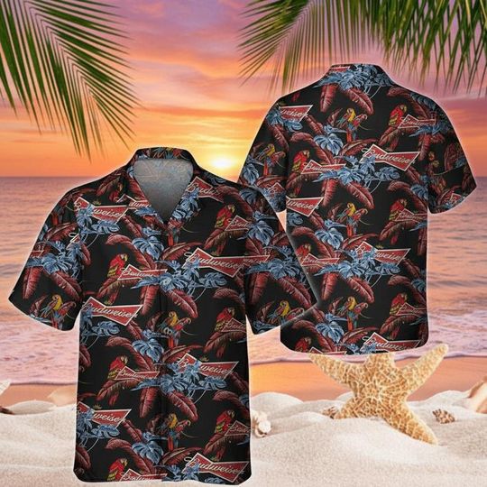 Budweiser Red Parrots Hawaiian Shirt, Mens Beach Vacation Outfit, Summer Party Shirt