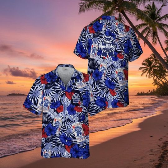 Summer Aloha Floral Pabst Blue Ribbon Vacation Button Up Hawaiian Shirt, Coastal Summer Outfit, Beer Lover Tee, Weekend Party Wear