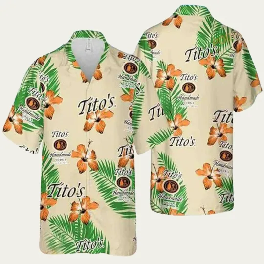 Tito8217s Vodka Funny Hibiscus Flower And Palm Leaves Pattern Hawaiian Shirt