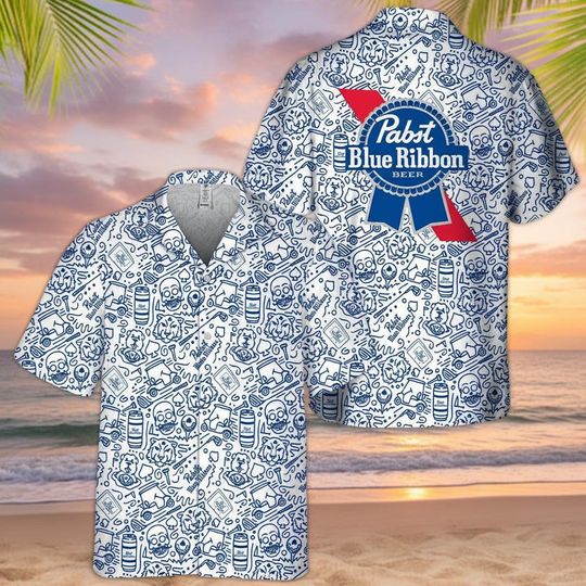 Pabst Blue Ribbon Doodle Art Hawaiian Beach Shirt for Men, Vacation Outfit, Funny Party Shirt, Guys Trip Tee