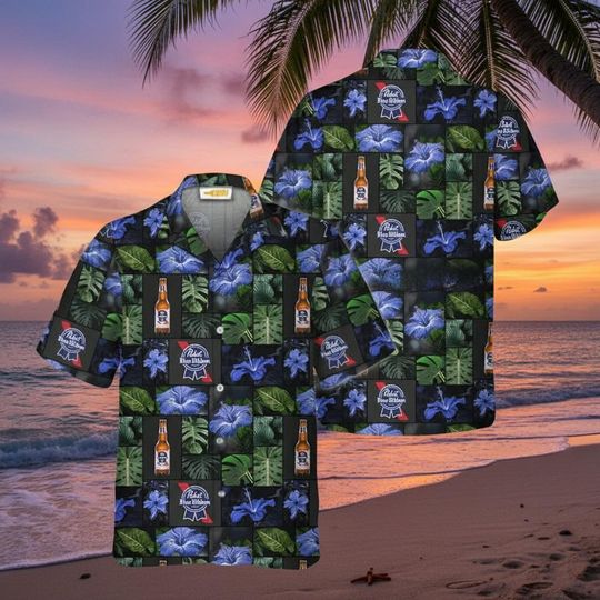 Pabst Blue Ribbon Tropical Hibiscus Hawaiian Shirt, Funny Beer Outfit, Drinking Party Top, Guys Trip Button Up