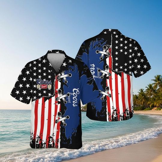 CCOORS Banquet Grunge Flag Summer Button Up Hawaiian Shirt, Beach Vibes Outfit, Drinking Tee, BBQ Party Outfit