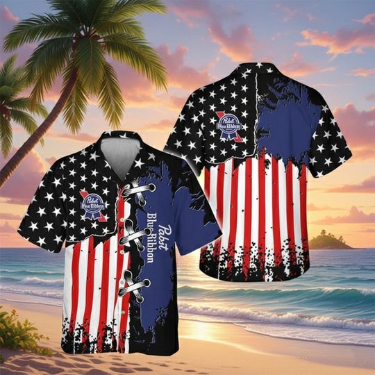 Pabst Blue Ribbon Patriotic Grunge Flag Hawaiian Style Shirt, Casual Summer Outfit, Tropical Beach Wear, Bachelor Party Shirt