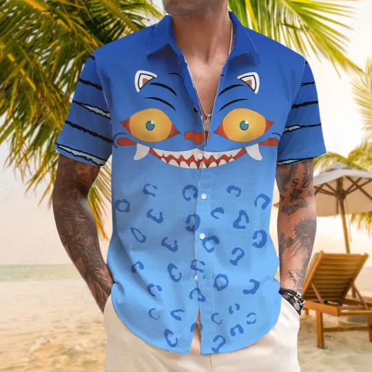Derpy Tiger Face Hawaiian Shirt Funny Anime Button Up Shirt Cute Tiger Summer Sh