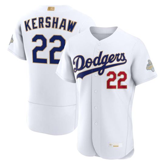 Discover Personalized Clayton Kershaw Dodgers #22 Authentic White Jersey, Championship Patch, Polyester Men's Youth