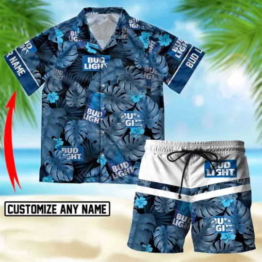 Personalize Tropical Floral Bud Light Hawaiian Shirt Shorts Set Summer Holiday
