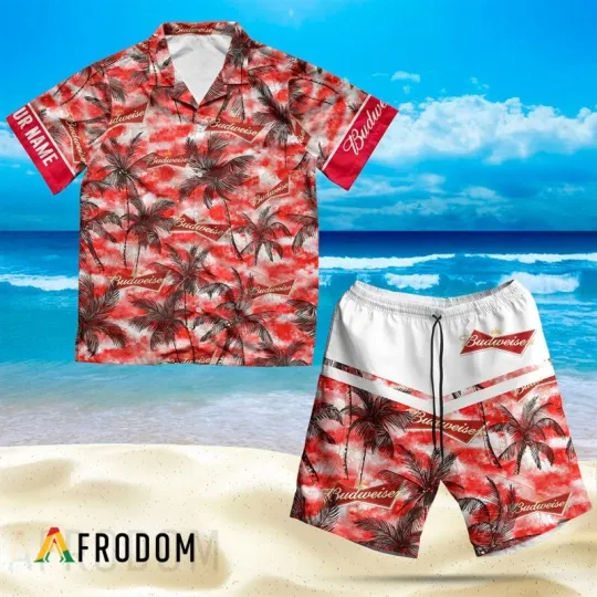 Budweiser Beer Tropical Hawaiian Shirt Shorts Set Beach Summer Holiday