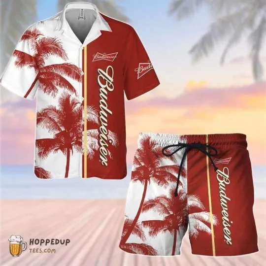 Budweiser Beer Palm Tropical Hawaiian Shirt Shorts Set Beach Summer Holiday