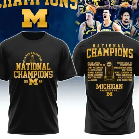Michigan Wolverines 2026 NCAA National Champions T-Shirt Men Black Gold Logo Tee