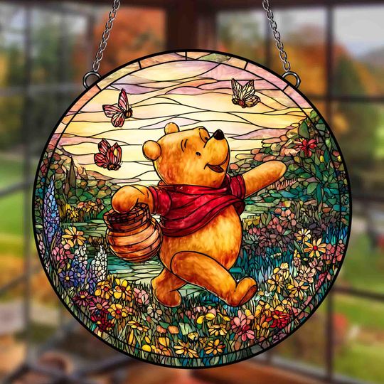 Pooh Bear Stained Glass Suncatcher, Winnie The Pooh Window Hanging, Cute Floral Window Decor, Elegant Home Ornament