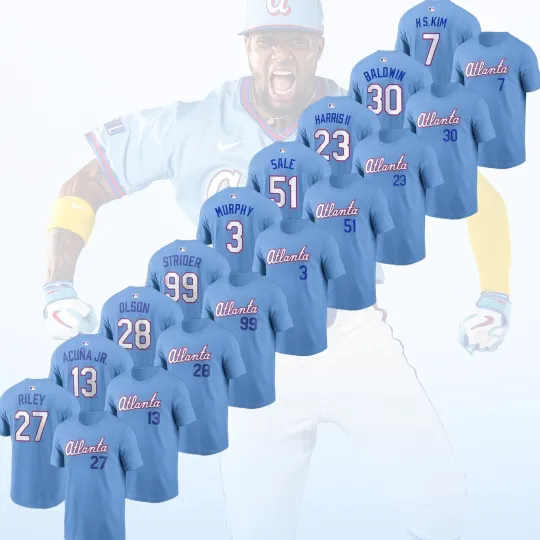 Atlanta Braves 2026 City Connect Double Sided T-Shirt with Strider, Acuña Jr, Murphy, Harris II