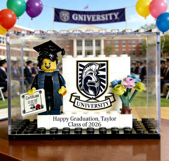 2026 Personalized Graduation Minifigure with Case, Custom Graduate Mini Bricks, Graduation Gift for Class of 2026, Custom School logo Decor