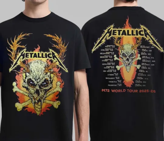 Discover Metallica M72 World Tour 2025 2026 Flame Skull Dates Back Two Sided T-Shirt