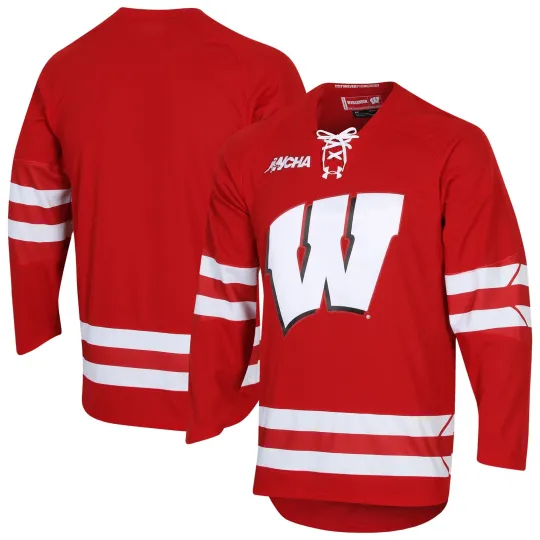 Discover Men's Under Armour Red Wisconsins Badge  Replica Hockey Jersey
