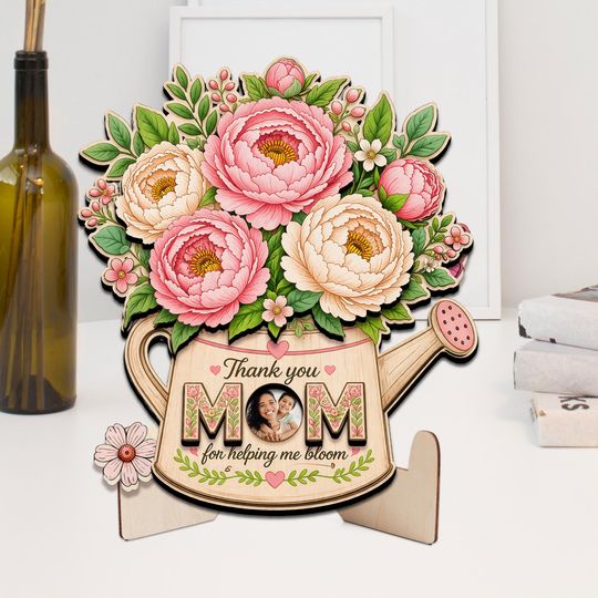 Personalized Mom Gift Rotating Wood Sign, Custom Photo Mother's Day Gift, Thank You Mom Sign, Floral Wooden Decor, Bloom Gift for Mom