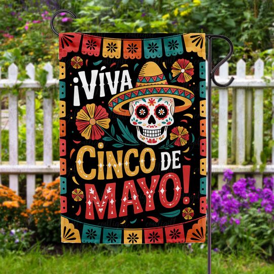 Sugar Skull Viva Cinco De Mayo Flag, Vibrant May 5 De Mayo House Flag, Traditional Mexican Fiesta Sign, Margarita Chili Family Gift, MYF446