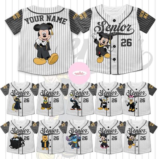 Personalized All Characters Senior 2026 Disney Graduation Baseball Jersey, Mickey and Friends Stitch Class of 2026 Group Kids Youth Adults