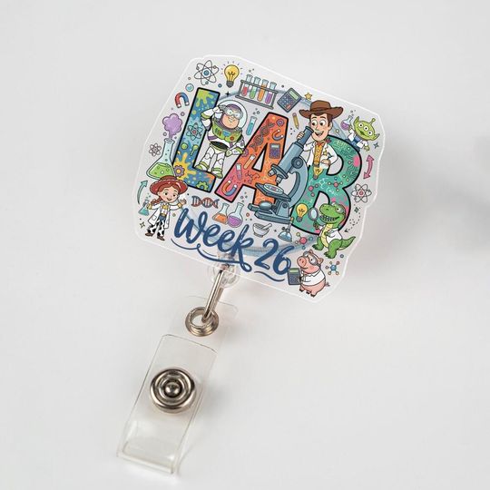 Toy Story Friends Badge Reel, Buzz Woody Jessie Acrylic ID Holder, Retractable ID Badge Reel, Pixar Nurse Gift for Healthcare Worker