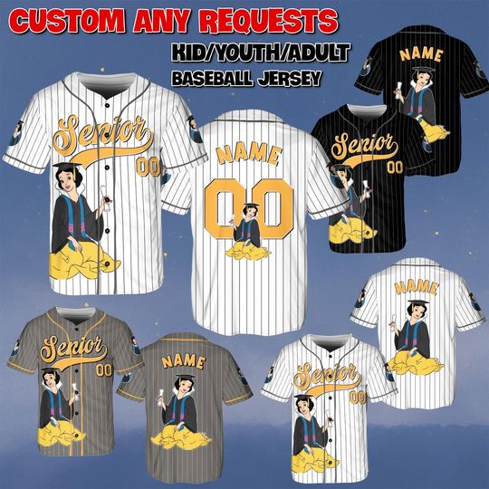 Custom Snow White Senior Baseball Jersey, Disney Princess Snow White Senior Shirt, Class of 2026 Graduation Jersey, Disney Senior Trip Shirt