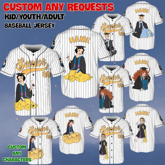 Custom Disney Princess Senior Baseball Jersey, Disney Elsa Belle Rapunzel Shirt, Jasmine Tiana Senior Shirt, Class of 2026 Graduation Jersey