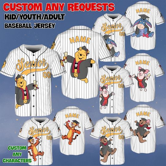 Custom Winnie The Pooh Senior Jersey, Pooh Tigger Piglet Eeyore Senior Shirt, Class of 2026 Graduation Group Jersey, Disneyland Trip Shirt