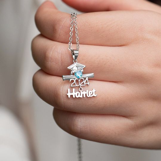 Graduation Cap Pendant Necklace with Birthstone and Name Personalized Graduation Gift for Students