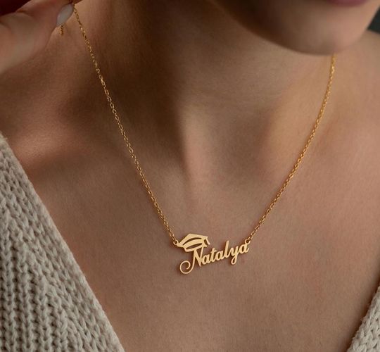 Graduation Gifts For Her  Custom Graduation Name Necklace  Bachelor Cap Necklace  Name Necklace for Her  Grad Jewelry for Girl