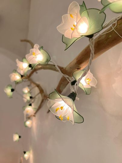 Handmade White & Green Flower String Lights:  Patio Wedding Decoration