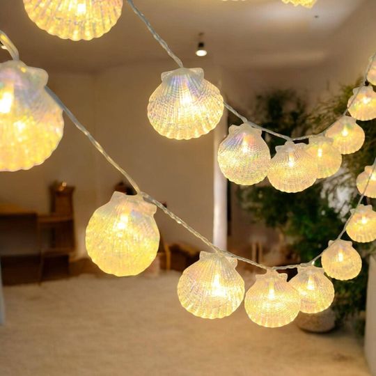Shell String Lights, Coastal Beach Decor, Nautical Fairy Lights, Ocean Inspired Room Decor, Seashell Lights for Bedroom, Beach House Gift