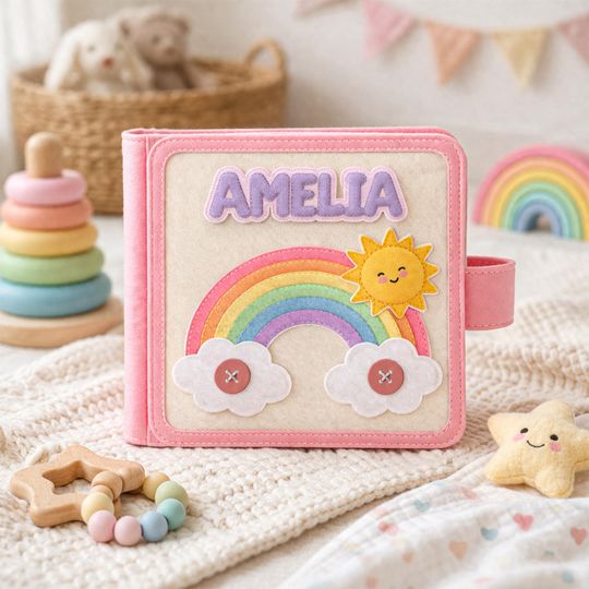 Personalized Baby Quiet Book, Handmade Felt Busy Book, Custom Name Rainbow Montessori Toy, First Birthday Gift, Soft Sensory Activity Book