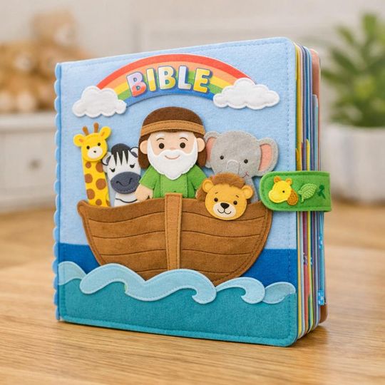 Noahs Ark Quiet Book, Bible Felt Busy Book for Toddler, Christian Sensory Toy, Montessori Travel Activity