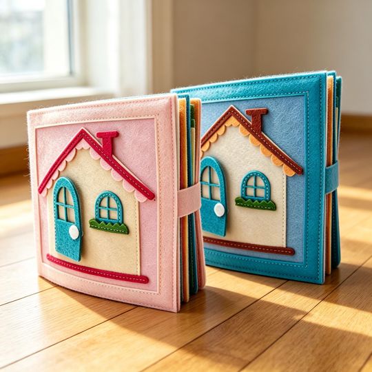 Handmade Felt Dollhouse Quiet Book, Dress-Up Busy Book For Girls & Boys, Montessori Learning Toy, Kitchen, Bathroom, Bedroom, Closet, learn