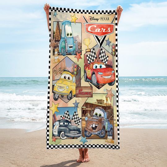 Custom Name Cars Lightning McQueen Beach Towels, Cars Characters Towels, Cars Movie Beach Towels, Cartoon Cars Birthday Towel Gift